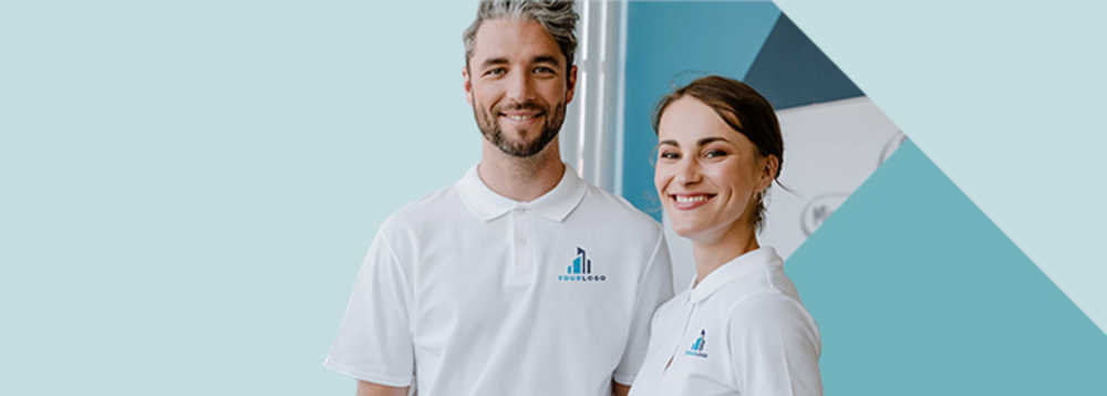 Two people wearing poloshirts with logos