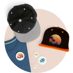 two caps, buttons und t-shirt with nature designs