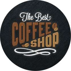 A close-up of an embroidered coffee shop logo