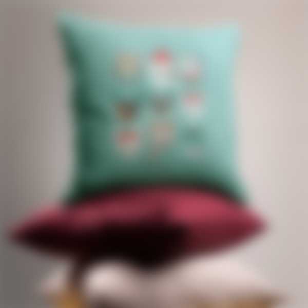 Beige, bordeaux and turquoise pillow with festive print