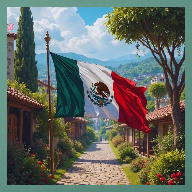 Mexican flag surrounded by nature and magic town