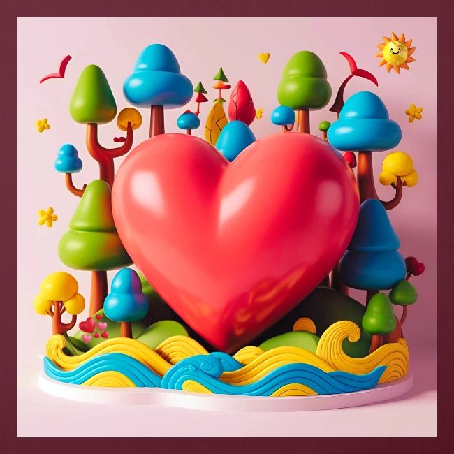 Big red heart, surrounded by landscape, nature
