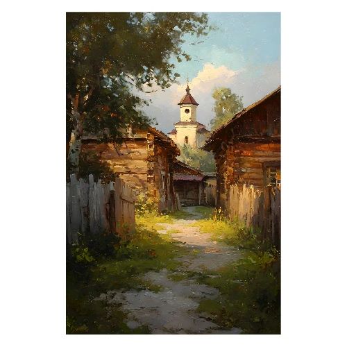 Digital Painting: Sunlit Village Charm - Poster 8x12