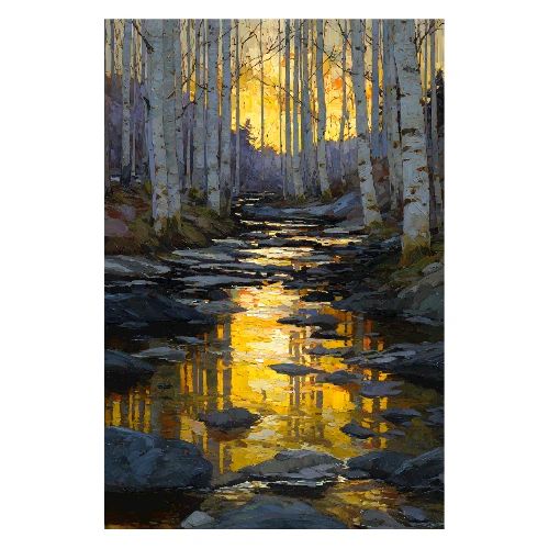 Digital Painting: Golden Dusk Reflections - Poster 8x12