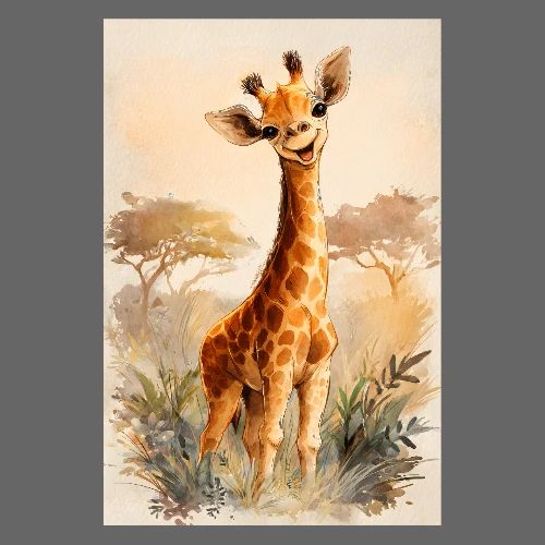Cheerful Baby Giraffe in the Savannah - Poster 8x12