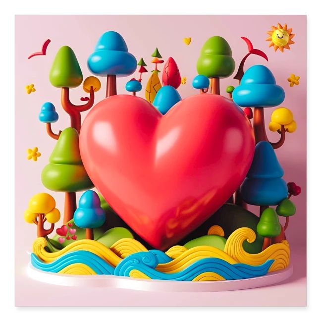 Big red heart, surrounded by landscape, nature
