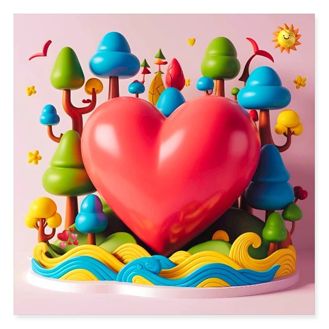 Big red heart, surrounded by landscape, nature