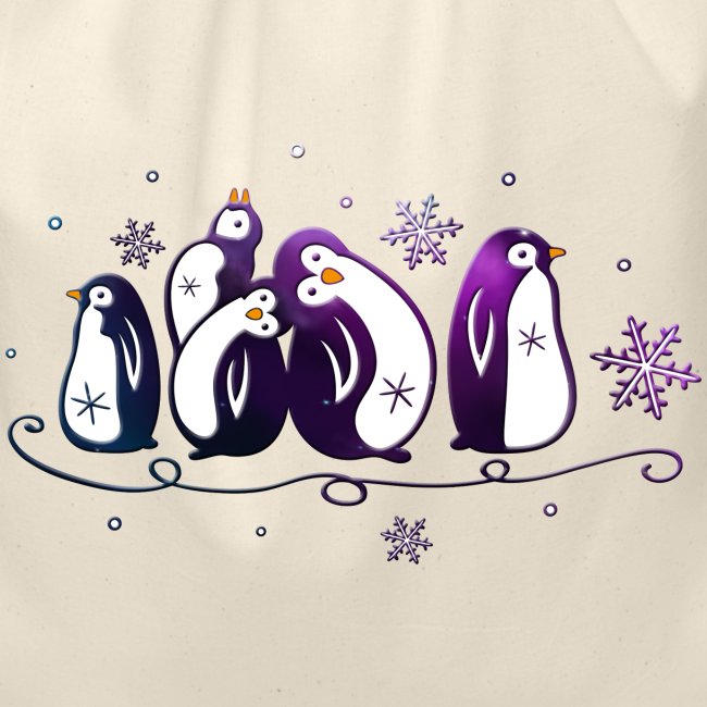 Purple penguins with snowflakes. Winter, snow and