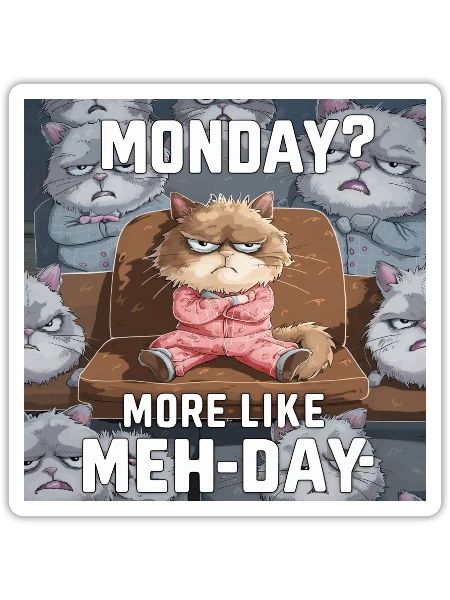 Cat, Mondays? More Like Meh-days - Sticker - white matte - Front