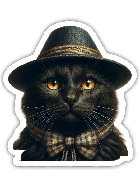 Black and Pretty Gentleman Cat in a Hat - Sticker - white matte - Front
