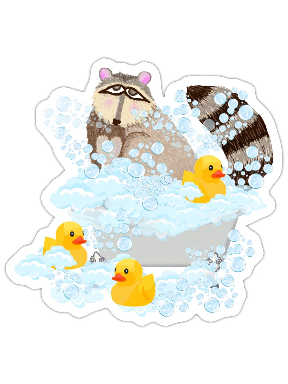 Raccoon, bubbles and Rubber Duckies - Sticker - white matte - Front