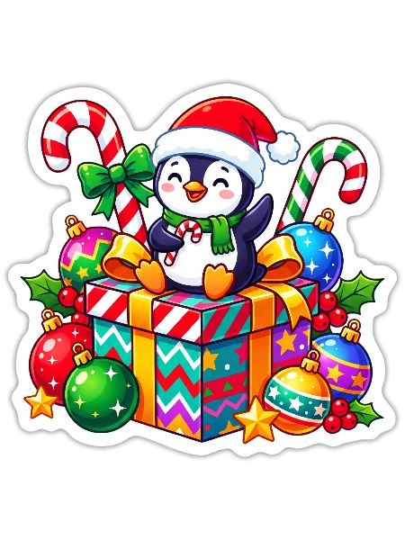 Penguin Santa on Colorful Gift - Sticker - white matte - Front