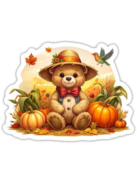Autumn Farmer Teddy Bear Cute Fall design - Sticker - white matte - Front