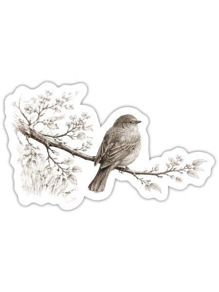 Small Songbird on Branch – Monochrome Nature - Sticker - white matte - Front
