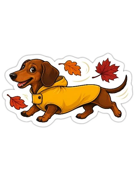 Autumn Dachshund in Yellow Raincoat - Sticker - white matte - Front