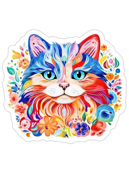 Colorful cat face with flowers. - Sticker - white matte - Front