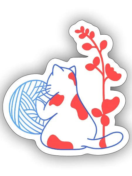 Blue Cat Silhouette with Red Plant Accents - Sticker - white matte - Front