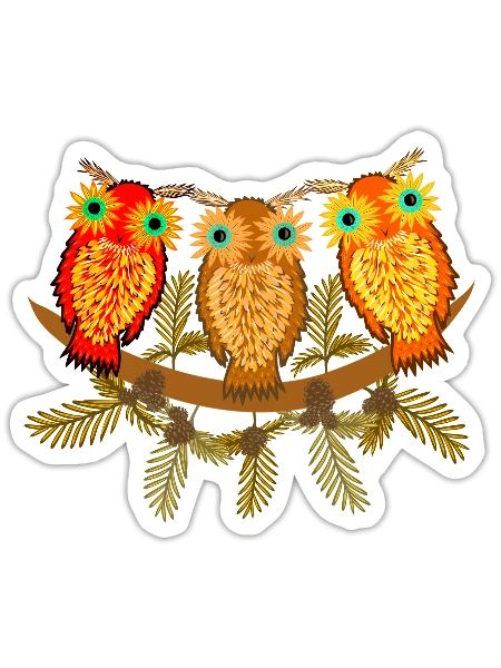 Three colorful owls with pine tree branches - Sticker - white matte - Front