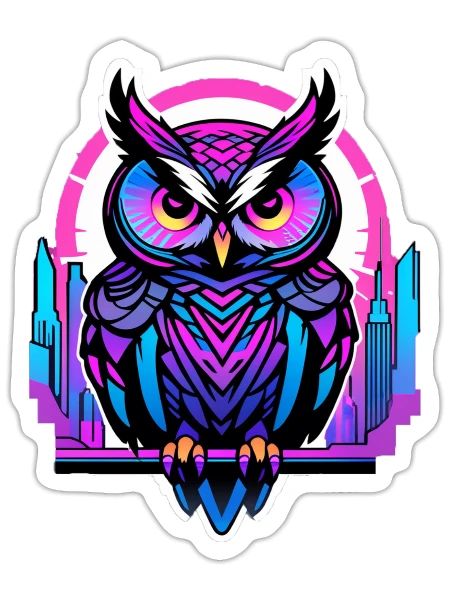 An owl with glowing neon blue and purple eyes - Sticker - white matte - Front