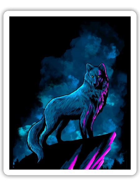Neon Blue Wolf on Cliff - Sticker - white matte - Front