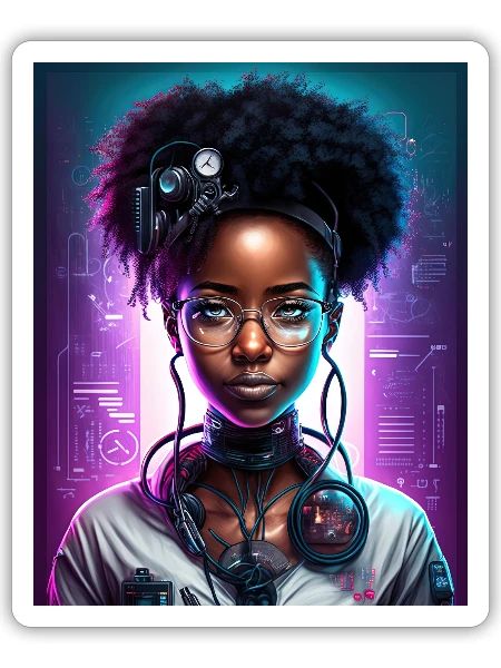 Neon Afro Tech Portrait - Sticker - white matte - Front