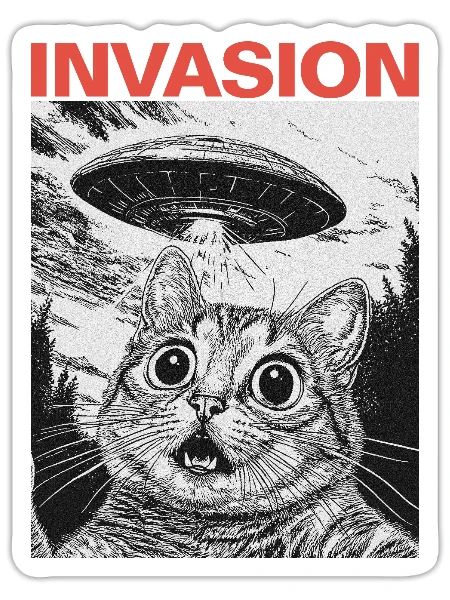 Terrified Selfie Cat & UFO | Funny Alien Humor Des - Sticker - white matte - Front
