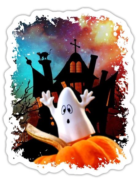 Pumpkin Ghosts Over Haunted House Tshirt - Sticker - white matte - Front
