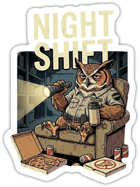 Night Shift Security Owl Pizza Lover Art - Sticker - white matte - Front
