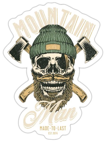 Mountain man; Outdoor; axes; skull; bearded; woods - Sticker - white matte - Front
