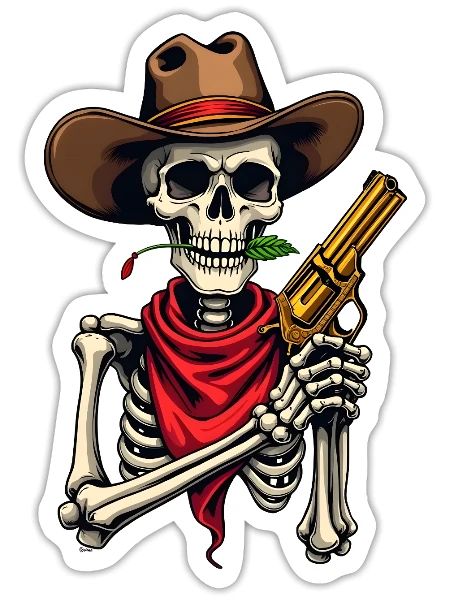 Funny Cowboy Skeleton with Revolver Western Skull - Sticker - white matte - Front