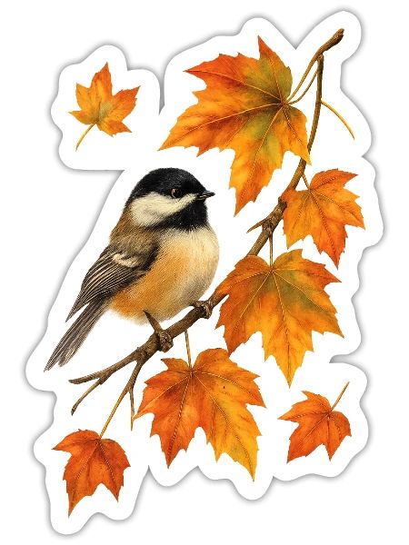 Autumn Chickadee Bird on Maple Leaves Fall Color - Sticker - white matte - Front