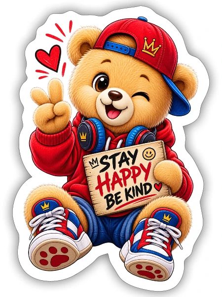 Stay Happy Be Kind – Cute Teddy Bear - Sticker - white matte - Front