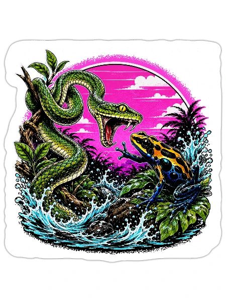 Neon Jungle Duel: Snake vs Frog - Sticker - white matte - Front