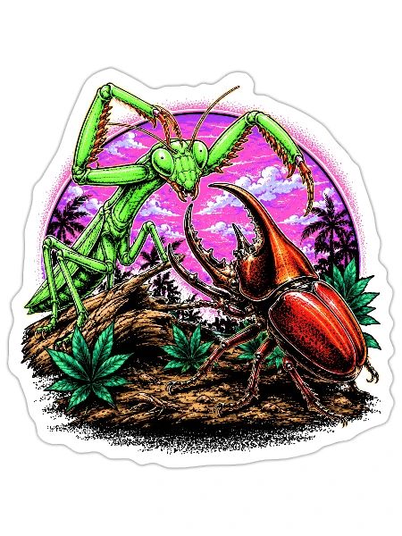 Mantis vs Beetle Sunset Showdown - Sticker - white matte - Front