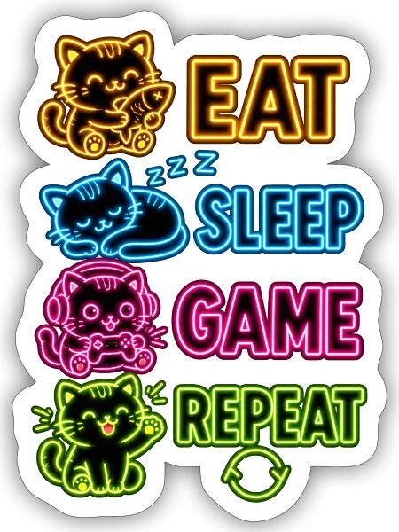 Eat Sleep Game Repeat Neon Cat Gaming Design - Sticker - white matte - Front