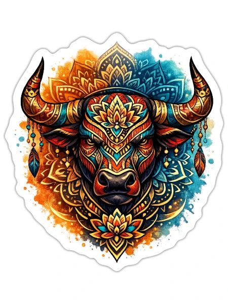 Sacred Tribal Bull Mandala Boho Watercolor Art - Sticker - white matte - Front
