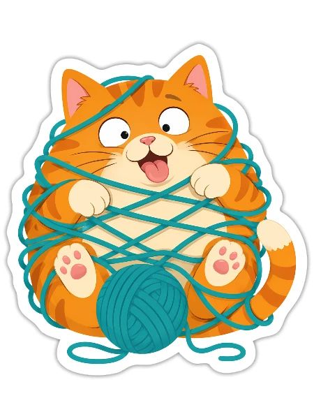 Cozy Cat in Yarn Ball - Sticker - white matte - Front