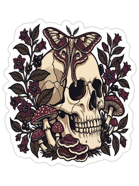 Gothic Skull Mushroom Moth Botanical Dark Art - Sticker - white matte - Front