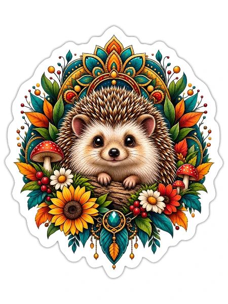 Cute Mandala Hedgehog Woodland Floral Art - Sticker - white matte - Front