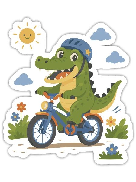 Crocodile riding a bike with a helmet - Sticker - white matte - Front