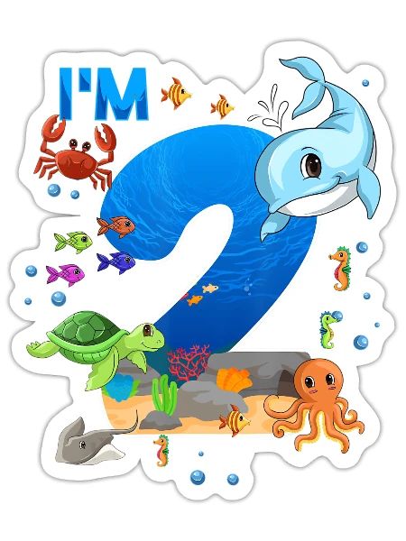 2 Year Old Birthday Whale Fish Sea Bday - Sticker - white matte - Front