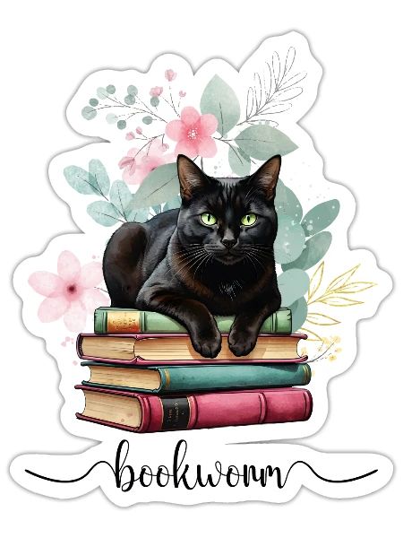 Black cat Loaf sitting on books - Sticker - white matte - Front