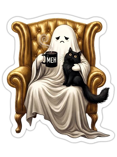 Boojee Ghost Holding Black Cat Meh Mug Retro  - Sticker - white matte - Front