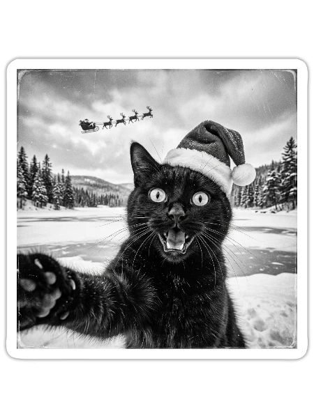 Funny Black Cat Selfie with Santa Christmas Pjs - Sticker - white matte - Front