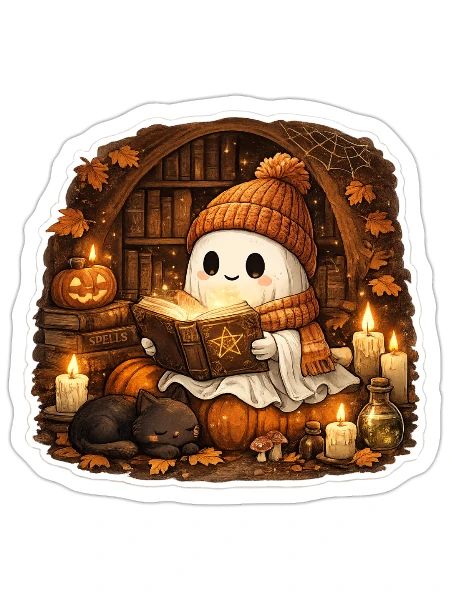  Cute Ghost Reading Magic Book | Cozy Halloween - Sticker - white matte - Front