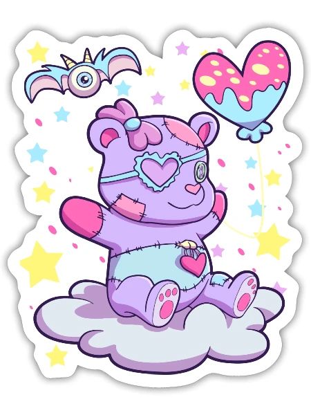 Kawaii Teddy Bear Cute Pastel Goth Creepy Bear - Sticker - white matte - Front