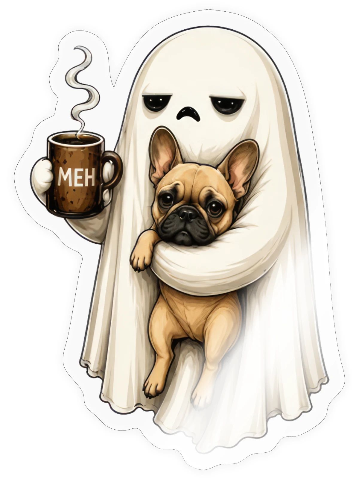 Meh Ghost Sips Coffee with Pug - Sticker - transparent glossy - Front