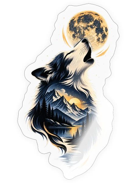 Moonlit Wolf Over Mountain Vista - Sticker - transparent glossy - Front