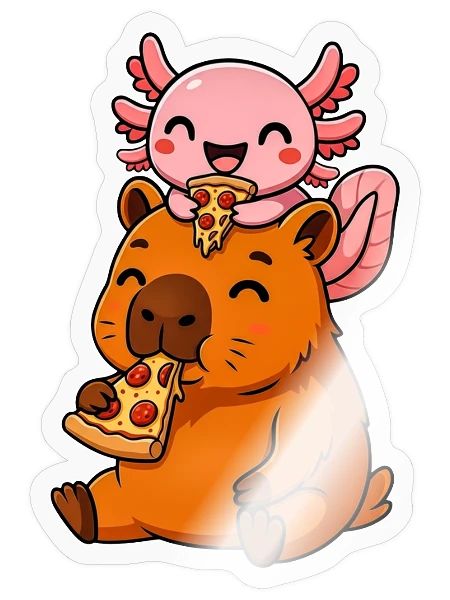 Cute Axolotl and Capybara Eating Pizza Funny - Sticker - transparent glossy - Front