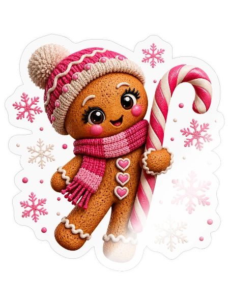 Cute Gingerbread Pink Candy Cane Christmas Girls - Sticker - transparent glossy - Front